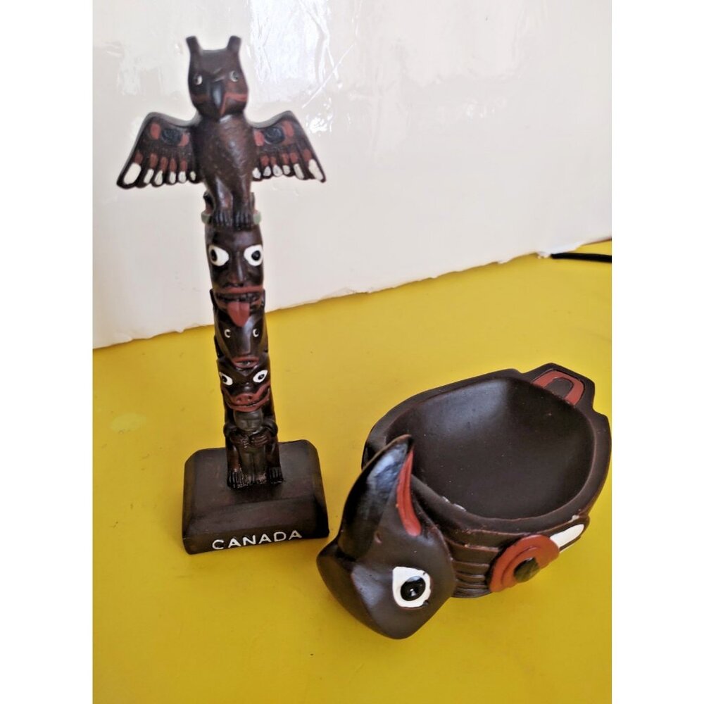 Vintage Boma Miniature Canadian souvenir totem pole 6 1/2" and bowl 5"